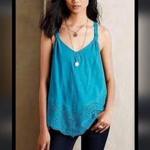 🌟 Anthropologie~Meadow Rue Eyelet Embroidered Turquoise Knotted Tank Tunic Top